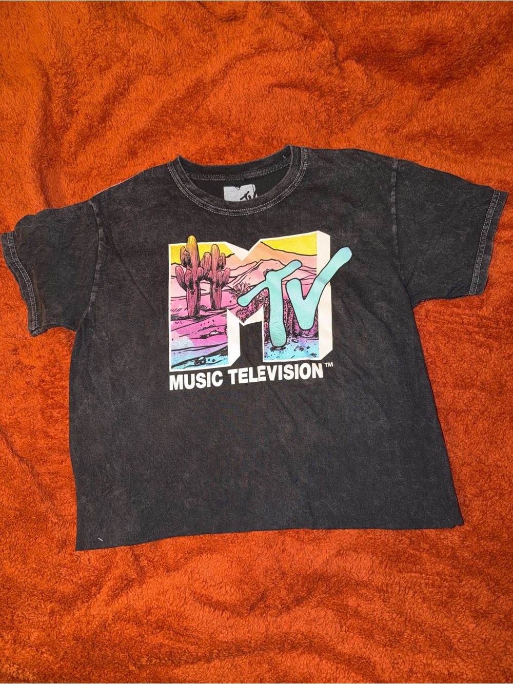 MTV Black Tee with Pink Yellow and Turquoise Desert Graphic